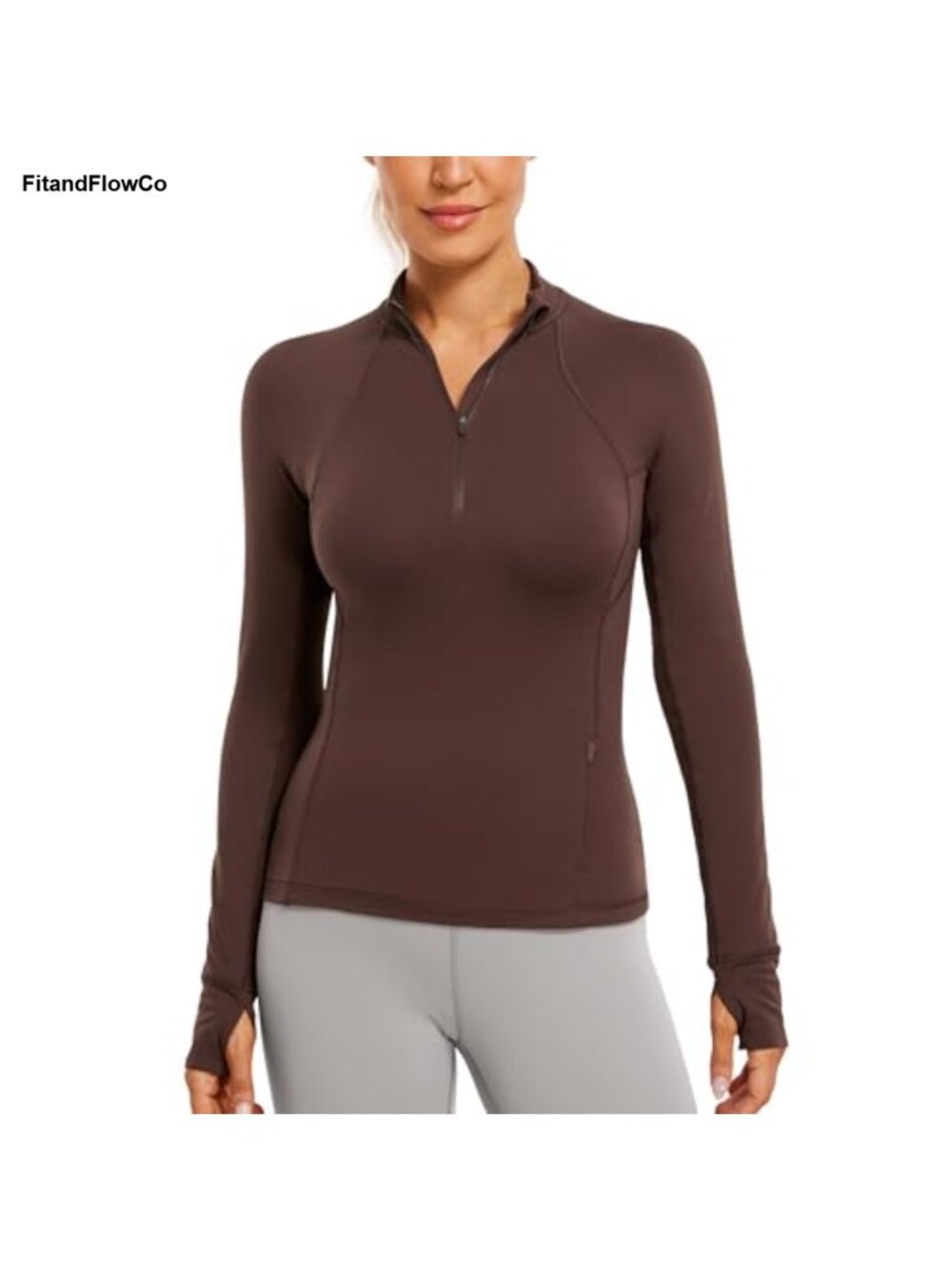 Brushed Half Zip Pullover Long Sleeve Top Thumbholes Pocket Slim Fit